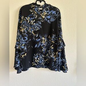 Thalia Sodi Black Tunic with Blue and Gold Swirl Print